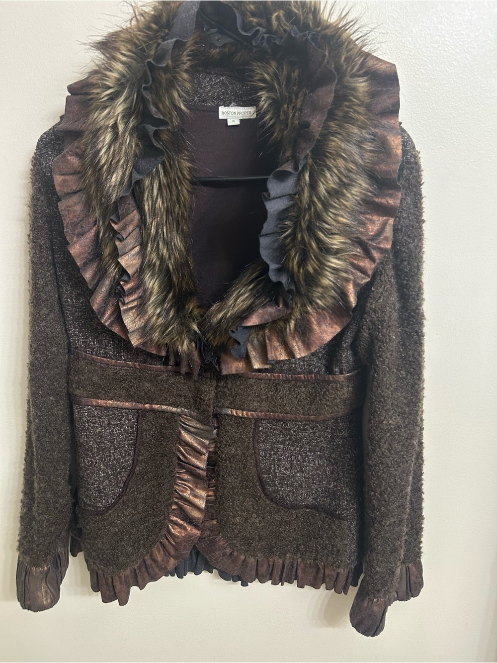 Boston Proper Brown Faux-Fur Trim Ruffle Teddy Jacket